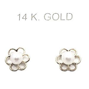 Flower Pearl Baby / Toddler / Kids Earrings Safety Screw Back - 14k Gold